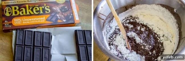 Nana's Legendary Fudgy Brownies 5 Unsweetened baking chocolate and cocoa powder being prepared, next to a bowl of brownie ingredients being mixed.