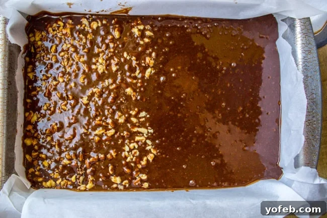 Nana's Legendary Fudgy Brownies 7 Brownie batter spread in a pan, with walnuts added to only one half.