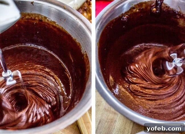 Nana's Legendary Fudgy Brownies 9 Two stages of fudge frosting, one glossy and one after being beaten to lose its sheen.