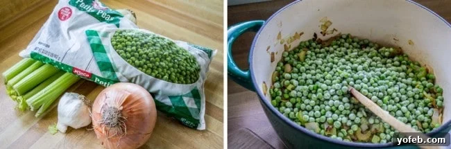 Vibrant 30-Minute Pea Soup 6 A visual collage showing individual ingredients – frozen peas, chopped celery, minced garlic, and diced onion – alongside a close-up of these ingredients simmering together in a cooking pot.
