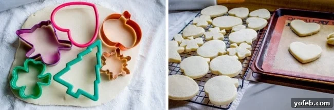 The Softest Sugar Cookies of Your Life from The Food Charlatan. A secret ingredient in this sugar cookies recipe makes these cookies the SOFTEST and most flavorful cookies of your life! And they even hold their shape after baking, so you get exactly what you want instead of sad blob cookies. #sugarcookies #cookies #frosting #soft #recipe #holiday #christmas #easter #halloween #fourthofjuly #stpatricksday #cookies #easy Sugar cookie dough rolled out with 5 cookie cutouts on top in various holiday shapes next to a pan of freshly baked Valentine's and Christmas cookies.