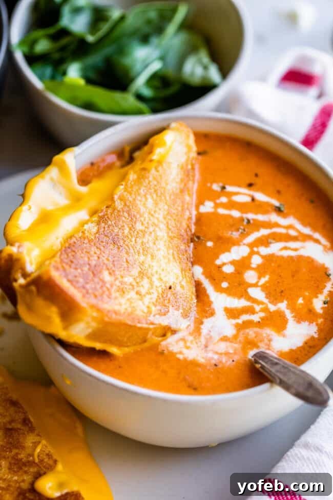 A comforting view of grilled cheese and tomato soup, with a delicate drizzle of cream over the soup.