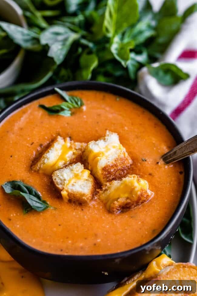 A comforting bowl of creamy tomato soup with a floating grilled cheese sandwich and a spoon on the side.