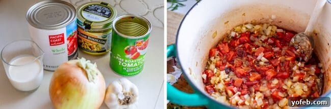 Steps to make tomato soup, showing various canned tomatoes next to a pot simmering with diced tomatoes and onions.