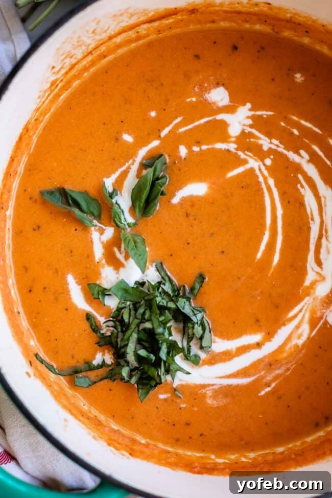 A vibrant bowl of creamy tomato soup, elegantly swirled with white cream and adorned with a chiffonade of fresh basil.