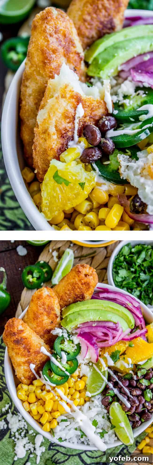 Crispy Beer-Battered Fish Burrito Bowl with Sunshine Avocado Salsa 2 Delicious Beer Battered Fish Fillets for Burrito Bowls