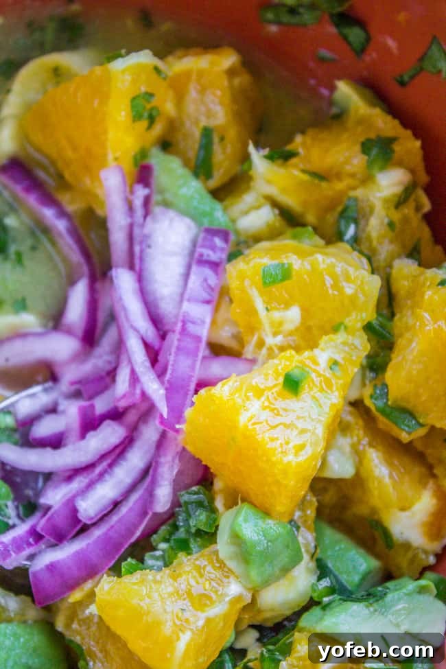 Crispy Beer-Battered Fish Burrito Bowl with Sunshine Avocado Salsa 12 A vibrant bowl of homemade Orange Avocado Salsa