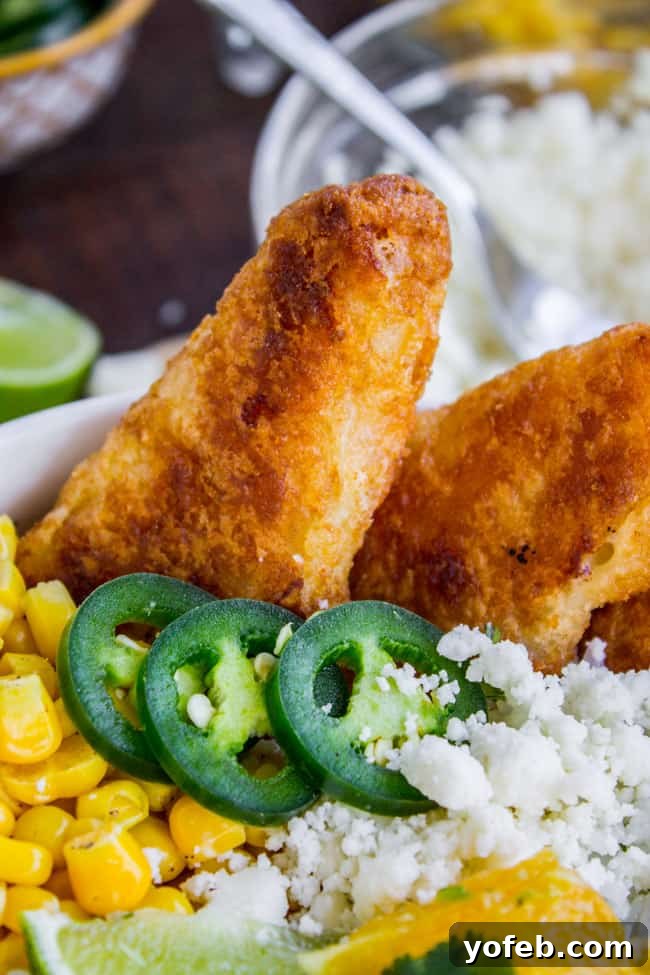 Crispy Beer-Battered Fish Burrito Bowl with Sunshine Avocado Salsa 6 Ingredients for Beer-Battered-Fish Burrito Bowl