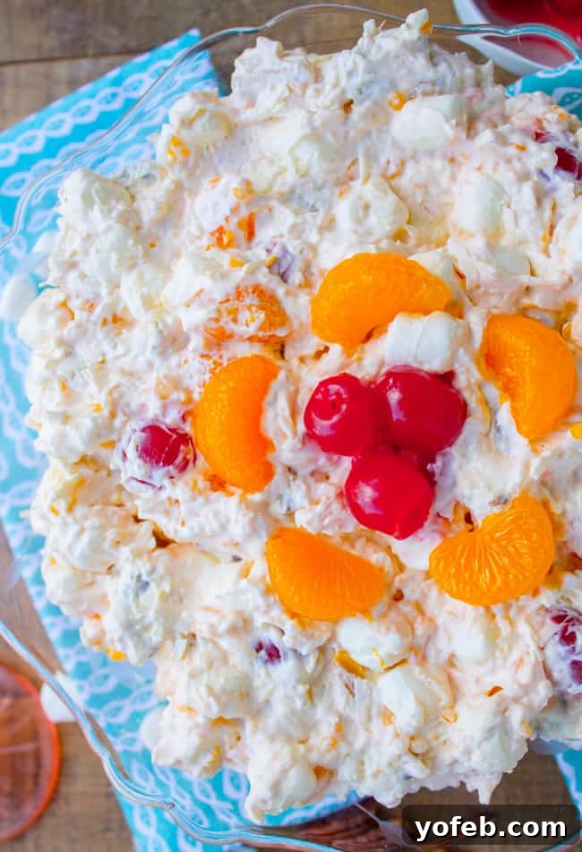 Heavenly Ambrosia Fruit Salad 3 A close-up shot of creamy Ambrosia Salad in a delicate glass serving bowl, showcasing its rich texture with mandarin oranges, marshmallows, and pecans.