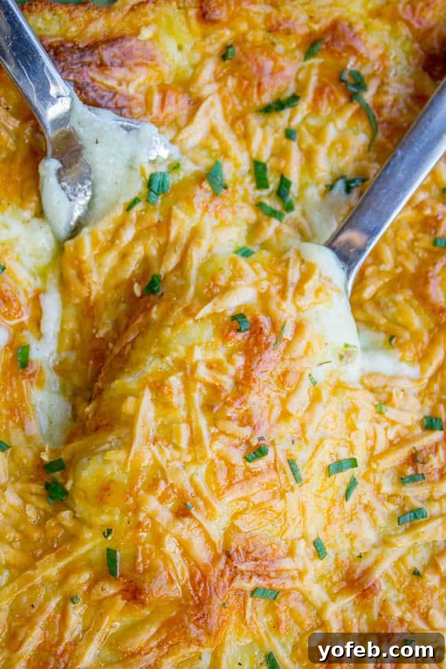 Ultimate Make Ahead Mashed Potatoes from Ina Garten 4 Cheesy make-ahead mashed potatoes in a large baking dish with serving spoons inserted.