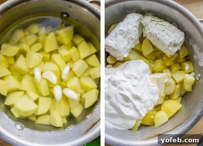 Ultimate Make Ahead Mashed Potatoes from Ina Garten 8 Boiled Yukon gold potatoes, garlic, and goat cheese in a large pot, ready to be mashed to creamy perfection.