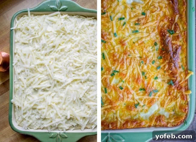 Ultimate Make Ahead Mashed Potatoes from Ina Garten 9 A side-by-side comparison of uncooked and cooked cheesy mashed potatoes in a large baking pan, showing the transformation after baking.