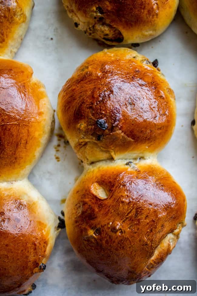 The Best Homemade Hot Cross Buns 11 A pan of perfectly baked, golden-brown hot cross buns, glistening from the egg wash, cooling on the sheet pan.