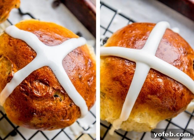 The Best Homemade Hot Cross Buns 13 Two hot cross buns side-by-side, demonstrating the ideal icing consistency on the right versus a thinner, spreading icing on the left.