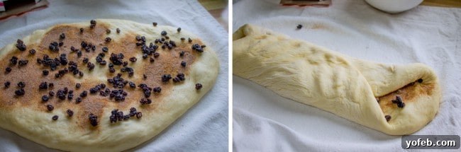 The Best Homemade Hot Cross Buns 6 Dough being folded in a series of images, showing the currants and spices being incorporated.