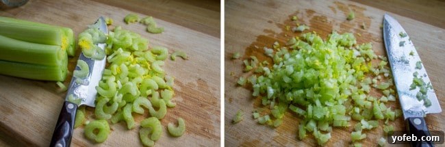 Sunshine Chicken & Mandarin Salad 6 finely diced celery on a cutting board with a knife.