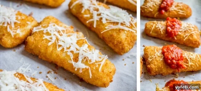 Crispy Fish Parmesan The Seafood Classic 6 Baked fish sticks on parchment paper, topped with a generous layer of mozzarella, Parmesan, and a spoonful of vibrant tomato sauce, ready for the oven.