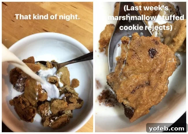 Gooey Marshmallow Creme Filled Chocolate Chip Cookies 5 A glass of milk beside a batch of less-than-perfect, crunchy chocolate chip cookies.