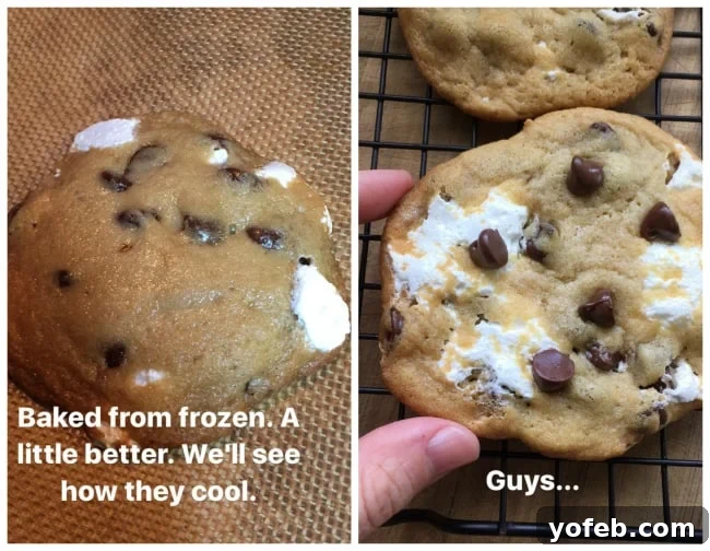 Gooey Marshmallow Creme Filled Chocolate Chip Cookies 6 Comparison of a flat cookie made from frozen dough and a perfectly puffed final recipe cookie.