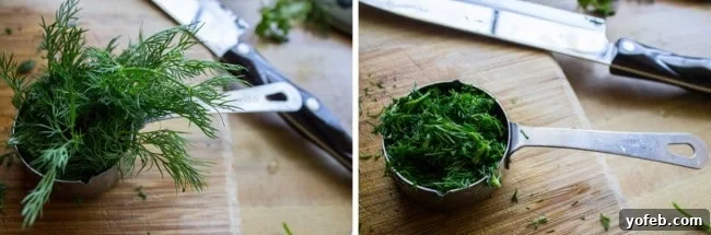Zesty Lemon Herb Coleslaw 10 A measuring cup filled with a generous amount of freshly chopped dill, highlighting the vibrant green and ample quantity required for the recipe.