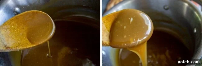Velvet Peach Brown Sugar Dream 8 Two images side-by-side demonstrating the brown sugar frosting: one before an ice bath (liquid) and one after (thickened).