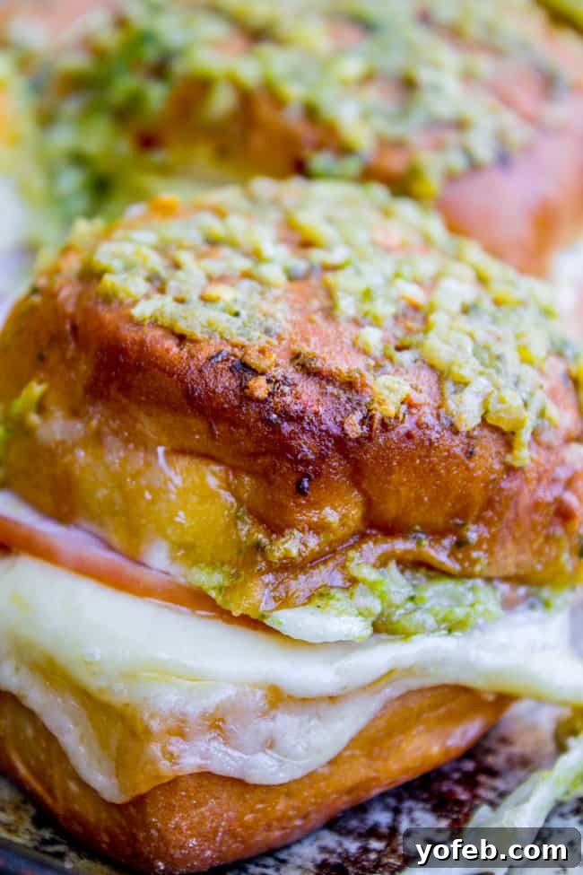 Pesto Kissed Canadian Bacon Havarti Sliders 3 Canadian Bacon and Havarti Cheese Sliders with Pesto Glaze from The Food Charlatan
