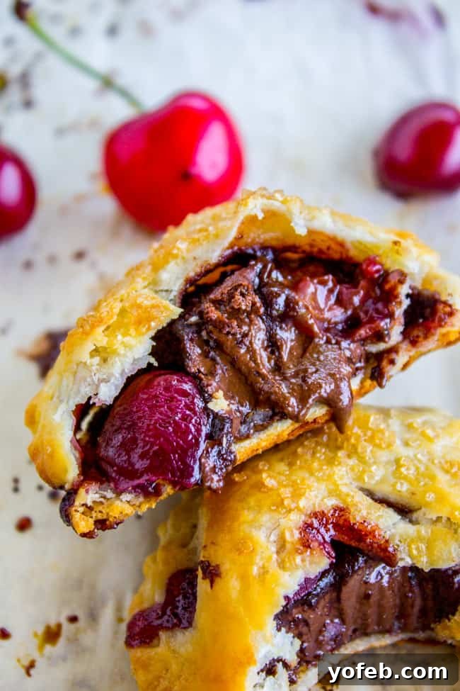 Handheld Chocolate Cherry Delights 13 Plated Chocolate Cherry Hand Pie with a bite taken out