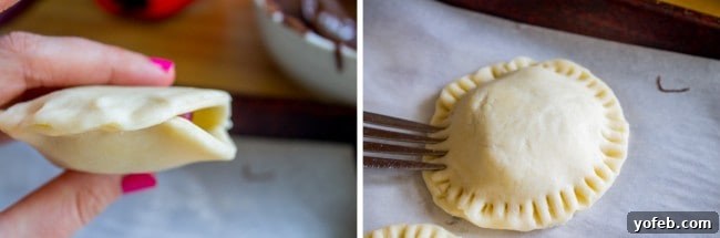 Handheld Chocolate Cherry Delights 10 Pinching together the edges of hand pie dough