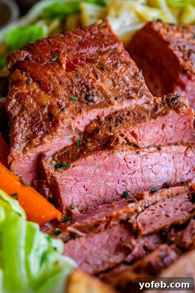 Ultimate Corned Beef Slow Cooker or Oven 11 Sliced slow cooker corned beef and tender cabbage, ready to be served, showcasing the beautiful marbling and perfect cooking.