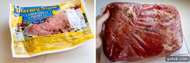 Ultimate Corned Beef Slow Cooker or Oven 12 Corned beef brisket in its original packaging, with a clear view of the spice blend integrated into the brine, ready for preparation.