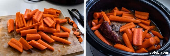 Ultimate Corned Beef Slow Cooker or Oven 15 Vibrant sliced carrots on a cutting board, then added to a slow cooker, illustrating the timed addition of vegetables to ensure perfect texture.