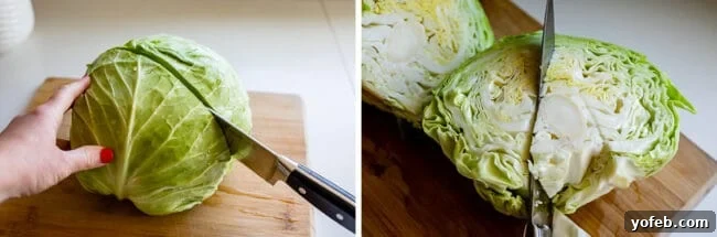 Ultimate Corned Beef Slow Cooker or Oven 16 A series showing a head of cabbage being sliced in half, then the core expertly removed with a knife, preparing it for wedge cuts.