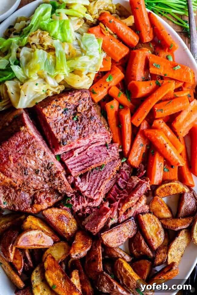 Ultimate Corned Beef Slow Cooker or Oven 17 A festive holiday platter brimming with tender corned beef, vibrant carrots, perfectly cooked cabbage wedges, and crispy roasted red potatoes.