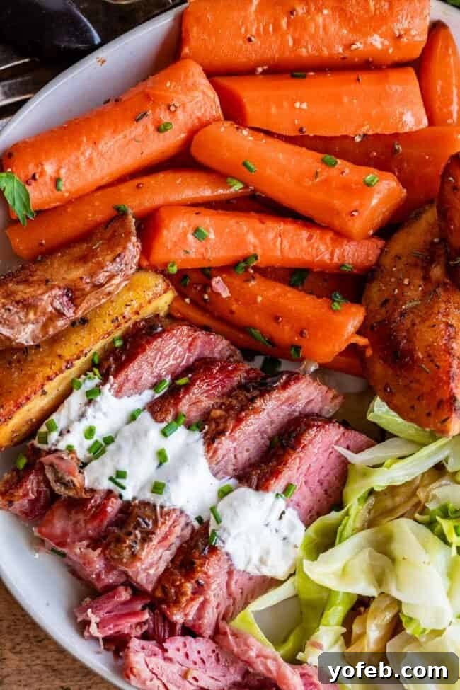 Ultimate Corned Beef Slow Cooker or Oven 19 A beautifully plated dish of tender slow-cooked corned beef, vibrant cabbage, and roasted carrots, garnished with fresh herbs and a side of creamy horseradish sauce.