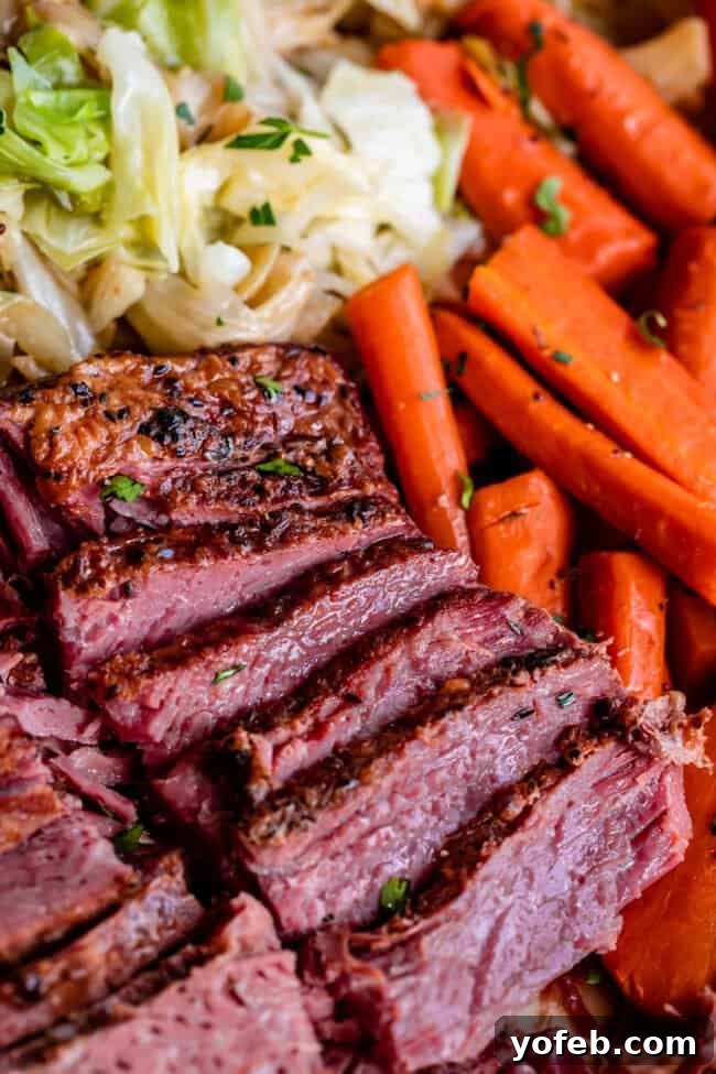 Ultimate Corned Beef Slow Cooker or Oven 20 Tender sliced corned beef served with perfectly cooked cabbage and vibrant carrots, ready to be enjoyed.
