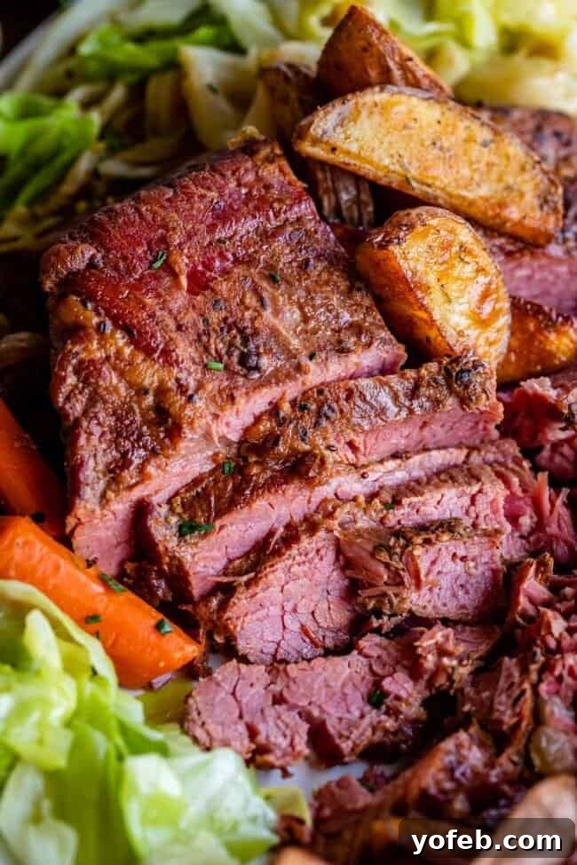 Ultimate Corned Beef Slow Cooker or Oven 3 Deliciously sliced corned beef and tender cabbage, accompanied by roasted potatoes and carrots, presented on a rustic wooden platter.