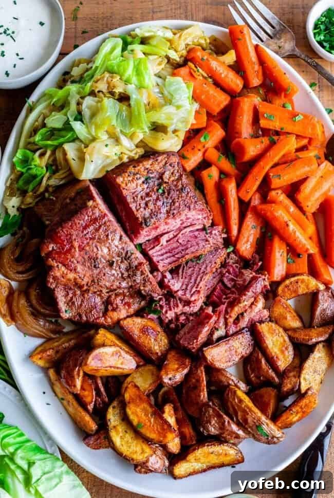 Ultimate Corned Beef Slow Cooker or Oven 4 A festive platter showcasing juicy corned beef slices surrounded by perfectly cooked cabbage, carrots, and potatoes, ideal for a St. Patrick's Day spread.