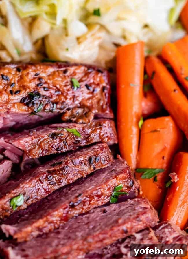 Ultimate Corned Beef Slow Cooker or Oven 5 Overhead shot of slow-cooked corned beef, thinly sliced and served with tender carrots and cabbage, fresh from the crockpot.