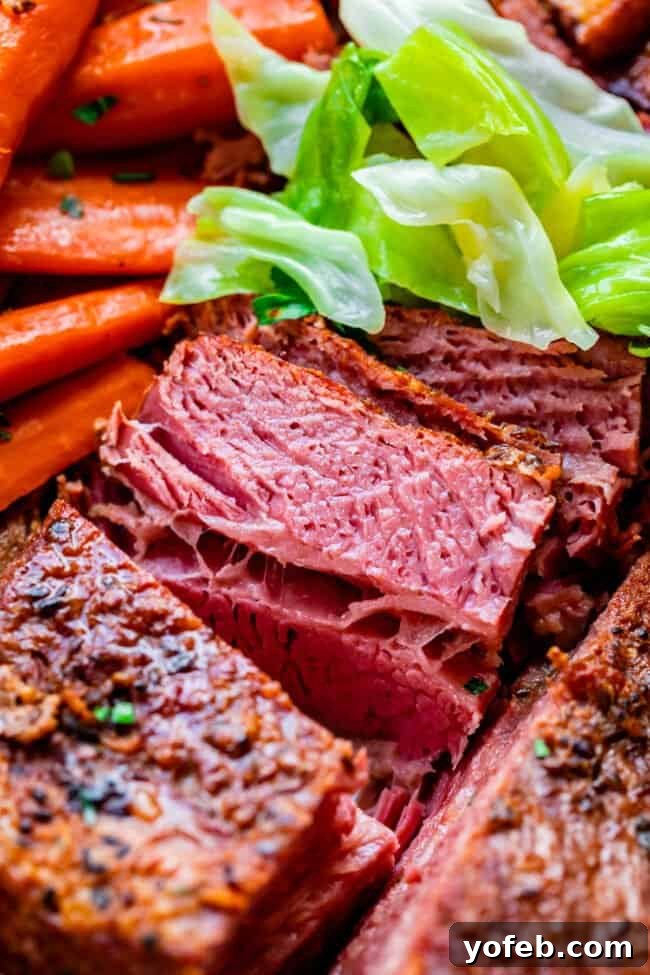 Ultimate Corned Beef Slow Cooker or Oven 8 A close-up of tender, sliced corned beef resting with perfectly cooked cabbage and carrots, highlighting the rich textures and colors.