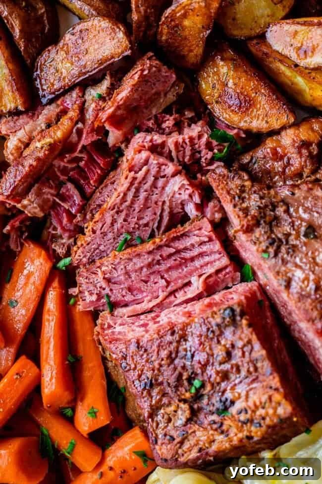 Ultimate Corned Beef Slow Cooker or Oven 9 A half-sliced corned beef brisket in a slow cooker, surrounded by colorful carrots and cabbage wedges, capturing the essence of slow-cooked perfection.