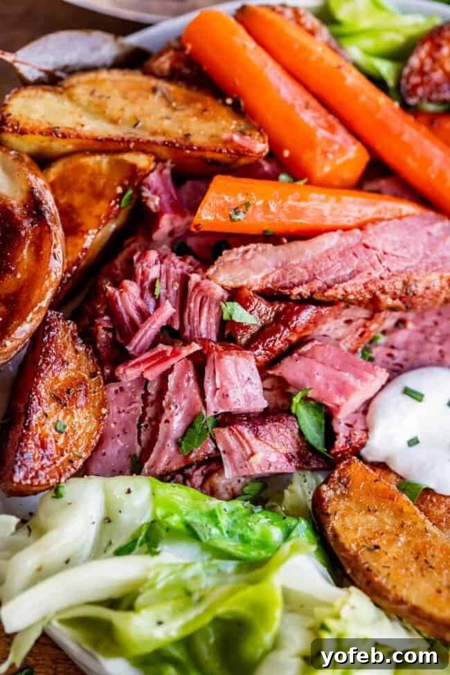 Ultimate Corned Beef Slow Cooker or Oven 10 Shredded corned beef on a plate, generously portioned with tender cabbage, carrots, and potatoes, demonstrating a perfect fall-apart texture.