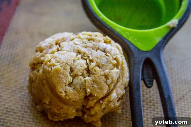 Chewy Peanut Butter Oatmeal Cookies from The Food Charlatan. These Peanut Butter Oatmeal Cookies will blow your mind! Tons of peanut butter flavor (actual peanuts optional) paired with some chewy oats for an amazing texture. They are so tender and totally melt in your mouth! #peanutbutter #oatmeal #cookies #chewy #easy #healthy #oats #peanut #crisco a 1/4 cup measuring cup with a ball of peanut butter oatmeal cookie dough.