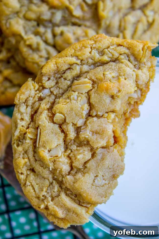 Chewy Peanut Butter Oatmeal Cookies from The Food Charlatan. These Peanut Butter Oatmeal Cookies will blow your mind! Tons of peanut butter flavor (actual peanuts optional) paired with some chewy oats for an amazing texture. They are so tender and totally melt in your mouth! #peanutbutter #oatmeal #cookies #chewy #easy #healthy #oats #peanut #crisco soft and chewy peanut butter oatmeal cookies with one broken cookie resting on a glass of milk.