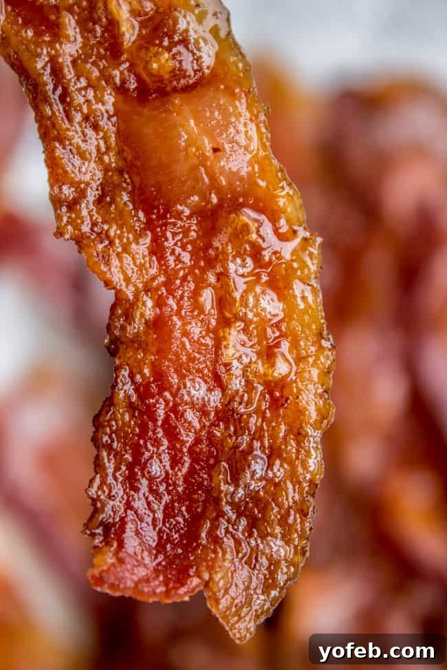 How to Bake Bacon in the Oven in 12 Minutes from the Food Charlatan. I literally never make bacon on the stove anymore. It is SO much easier cooking bacon in the oven than to stand over a hot stove getting splattered with grease. And you can make a whole pan at a time, making it great for a crowd. You can even make it ahead! Let me show you how to bake bacon - it's simple. #bakingbacon #bacon #intheoven #howto #crispy #breakfast #simplerecipe #cookiesheets #350 #lowcarb #comfortfoods A single piece of perfectly baked, crispy bacon, glistening and ready to be enjoyed.