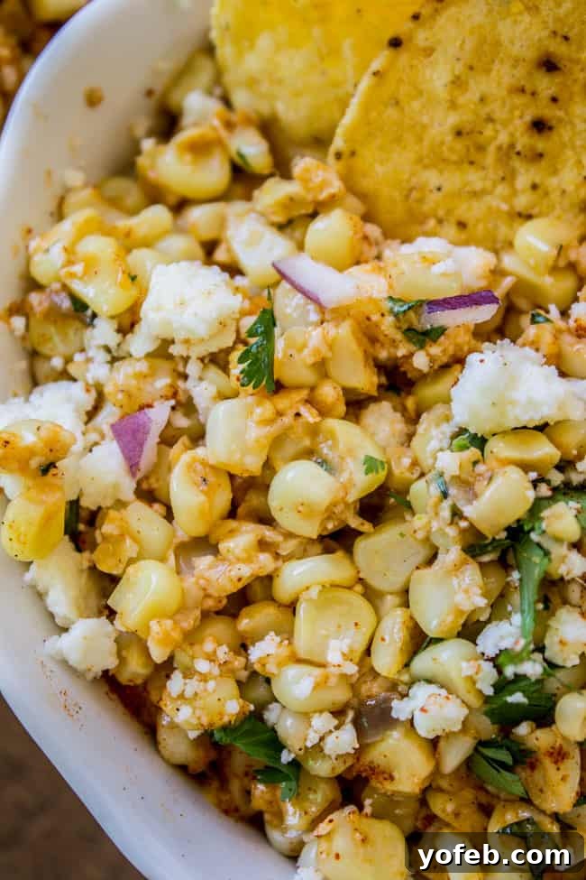 Mexican Street Corn Dip (Elote) from The Food Charlatan. This corn dip recipe is just like an elote (Mexican street corn). It is the perfect combo of sweet corn and savory tart cheese. Plus it's a lot easier to eat AND you get tortilla chips. Win! #corn #dip #elote #mexican #streetfood #summerfood #4thofjuly #cincodemayo #cotija #cornonthecob A beautifully presented white bowl overflowing with vibrant Mexican Street Corn Dip, surrounded by golden tortilla chips ready for dipping.