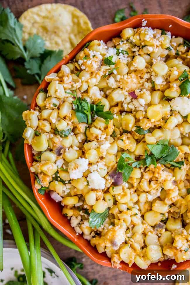 Mexican Street Corn Dip (Elote) from The Food Charlatan. This corn dip recipe is just like an elote (Mexican street corn). It is the perfect combo of sweet corn and savory tart cheese. Plus it's a lot easier to eat AND you get tortilla chips. Win! #corn #dip #elote #mexican #streetfood #summerfood #4thofjuly #cincodemayo #cotija #cornonthecob A vibrant red bowl filled with Mexican Corn Dip, garnished with fresh cilantro, with a stack of tortilla chips in the background.