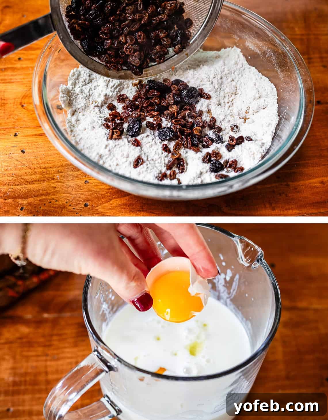 Pure Irish Soda Bread Perfection 10 Pouring in plumped up raisins and cherries in dry ingredients and then adding eggs to wet ingredients.
