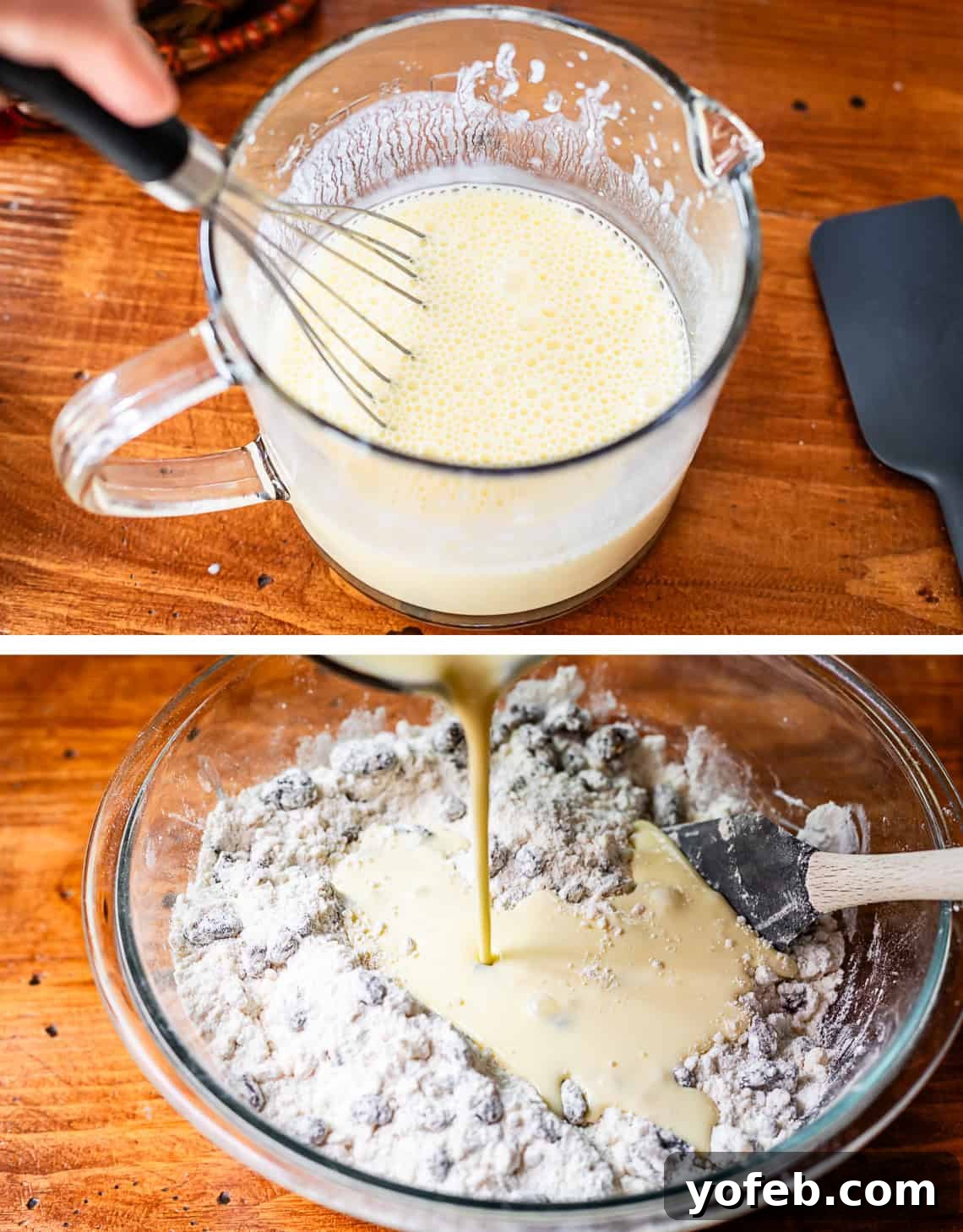 Pure Irish Soda Bread Perfection 11 Mixing wet ingredients with dry ingredients, first being whisked in measuring cup then poured into try ingredients in glass bowl.