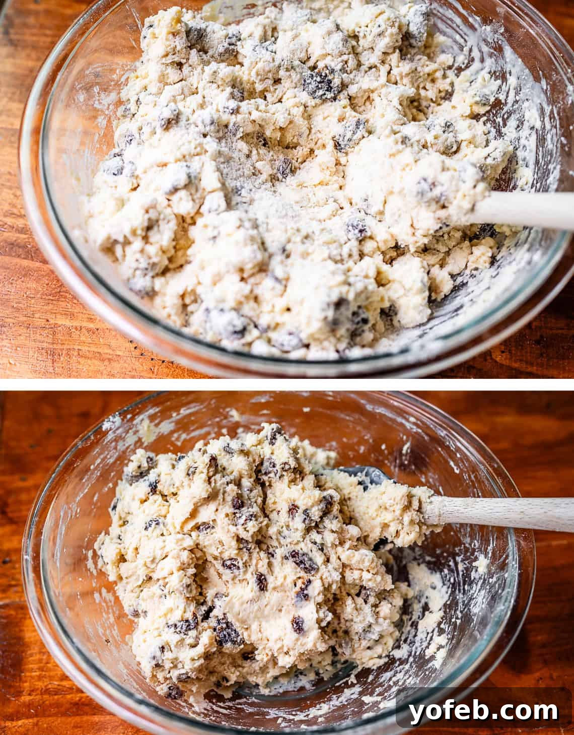 Pure Irish Soda Bread Perfection 12 Mixing bread dough with raisins and cherries in glass bowl with wooden handled spatula.