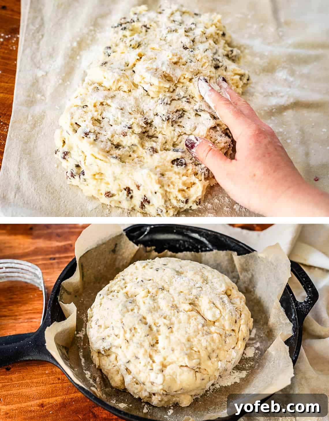 Pure Irish Soda Bread Perfection 13 Prepping soda bread dough for the oven on parchment paper and in cast iron skillet.